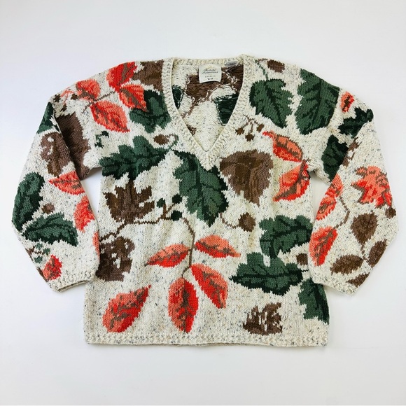 Vintage Sweaters - Vintage 90s autumn leaves Oversize Sweater Vneck Womens Medium